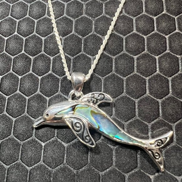 Dolphin Necklace with Green Abalone Stones 18K White Gold Plated - Picture 1 of 1